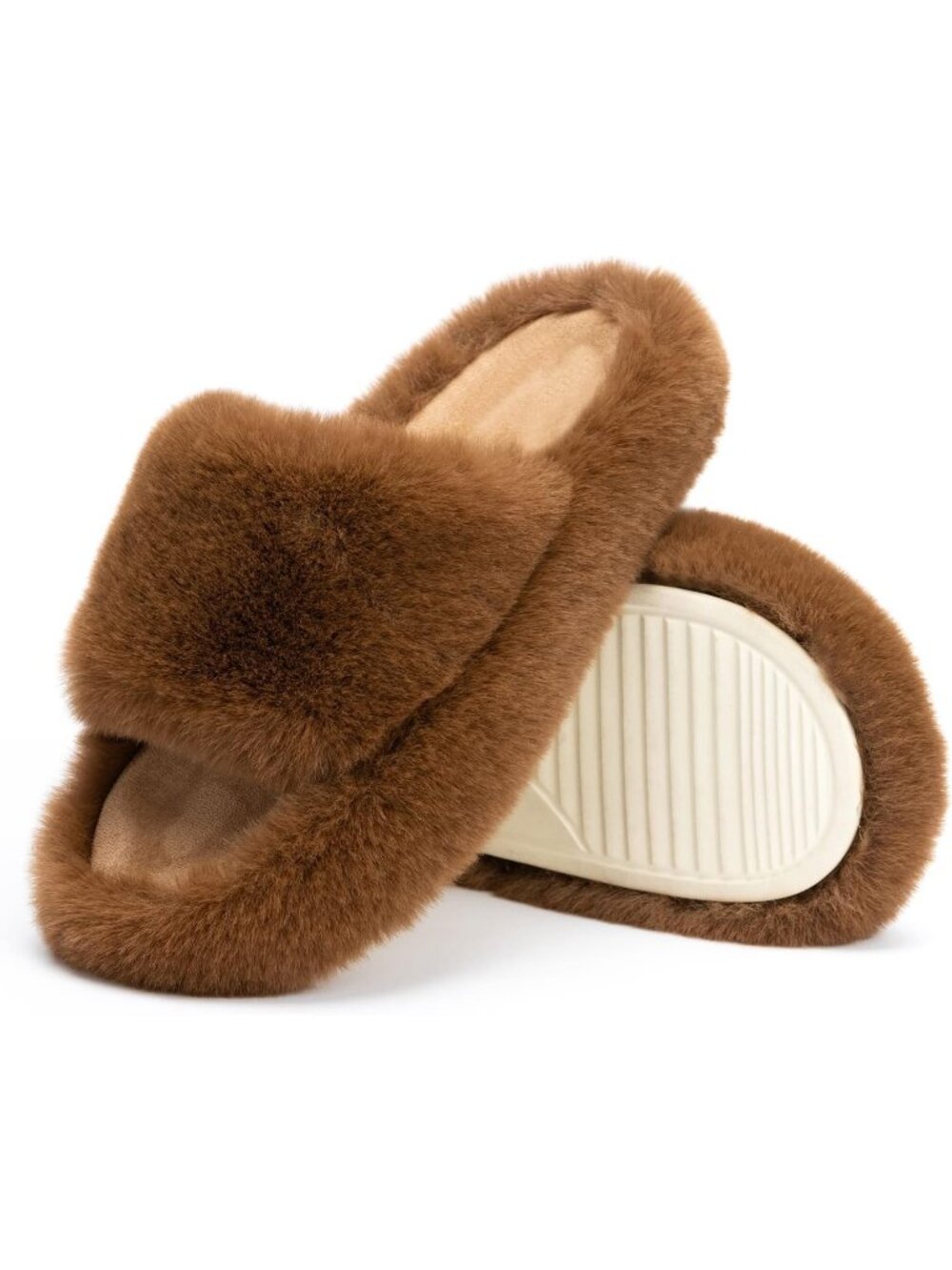 Women's Dark Brown Breathable Foam Faux Fur Lined Open Toe Soft Slipper Shoes